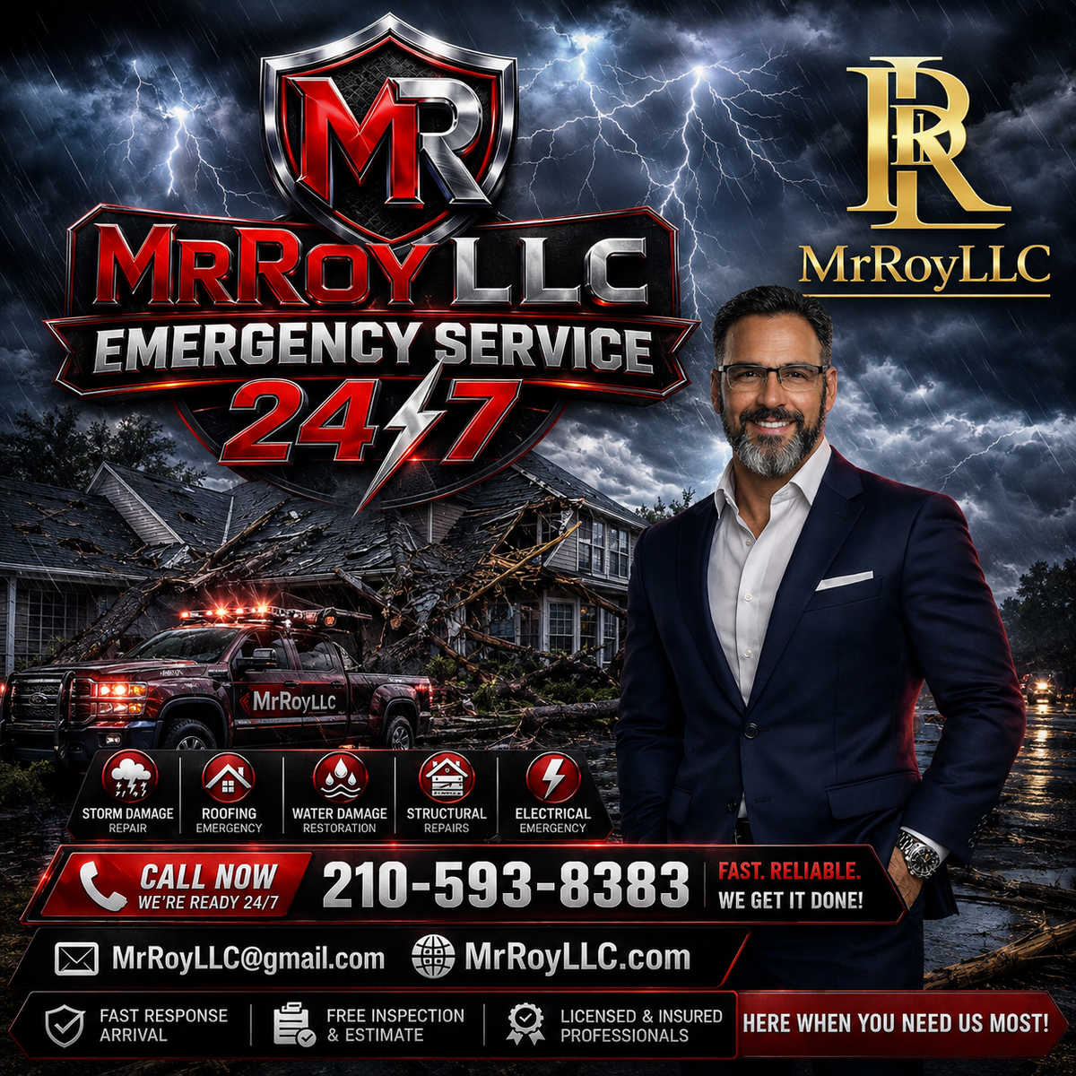 MrRoyLLC Storm Damage Emergency Service 24/7 - Roy in navy suit with storm truck and lightning background
